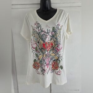 White Graphic V-Neck Women’s Tee with Winged Heart Design